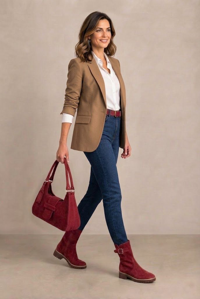 Women's burgundy side-buckle ankle boots with round toe and chunky rubber lug sole - Top view